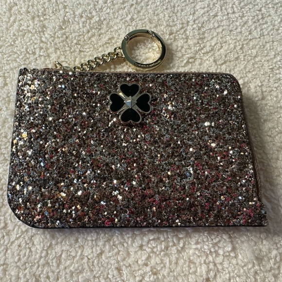Kate Spade Odette Zip Card Holder Wallet Silver Black Glitter Keychain NWOT - Picture 2 of 7